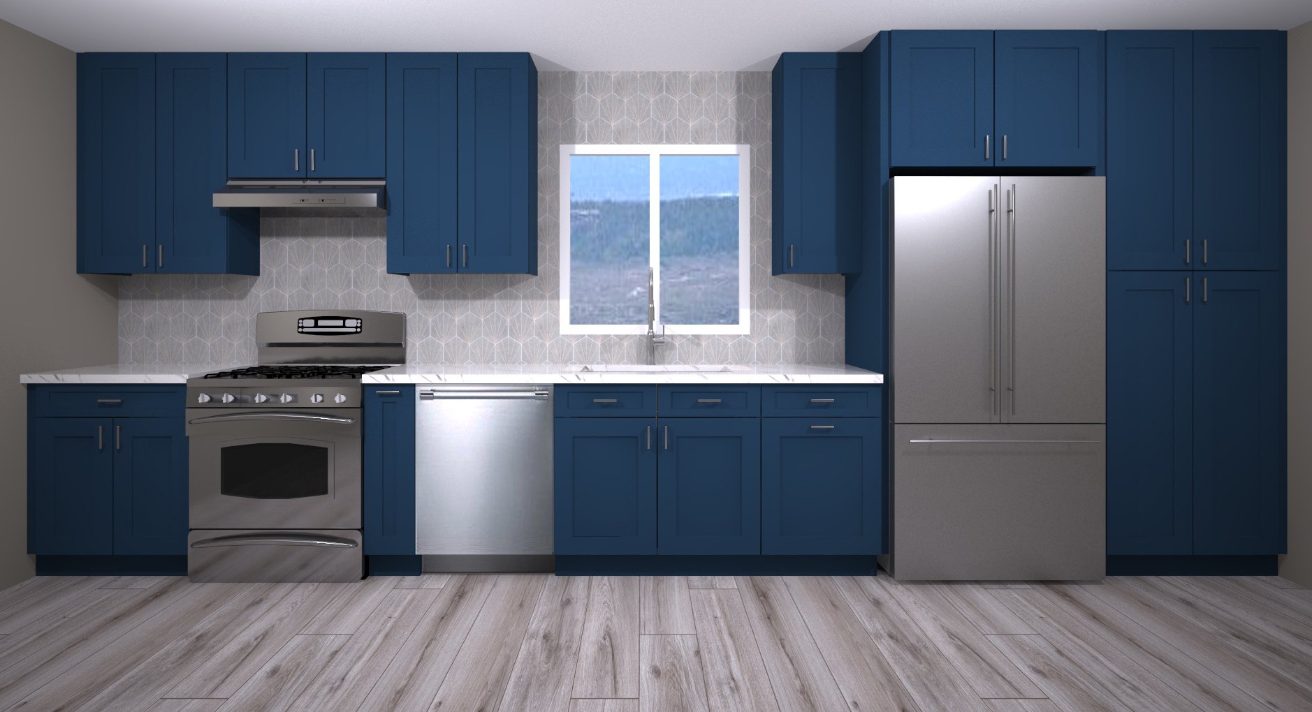 Navy Blue Kitchen with Pergola Beams Gray Hexagon Backsplash Tile